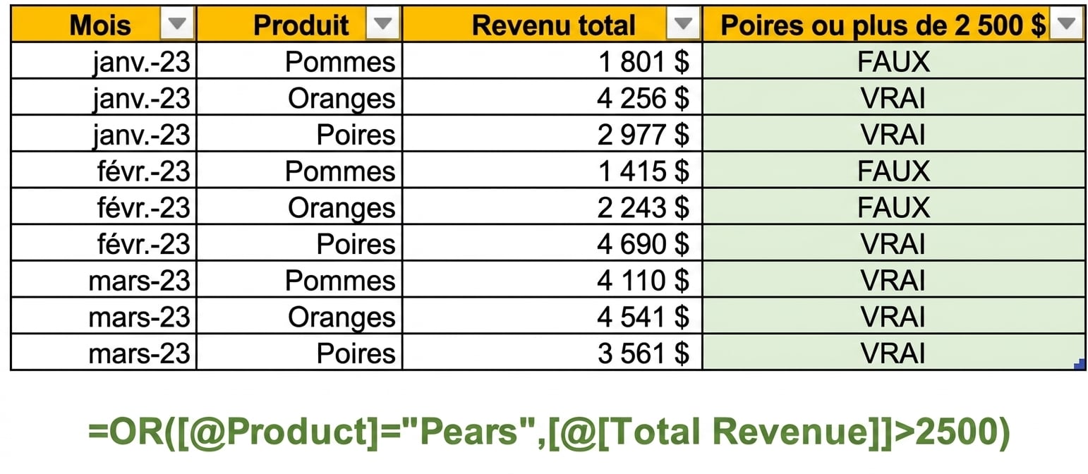 Données d'exemple dans Excel montrant la création d'une colonne avec la fonction OR et deux variables comme conditions