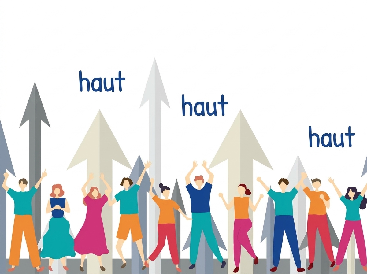 Image de personnes qui pointent et regardent vers le haut, avec des flèches montantes et le mot up au-dessus.