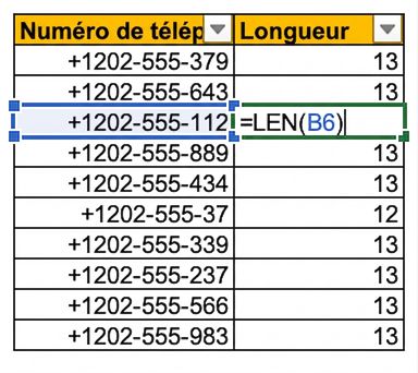 Image montrant un tableau Excel avec une colonne de numéros de téléphone et l'utilisation de LEN pour compter et vérifier leur longueur