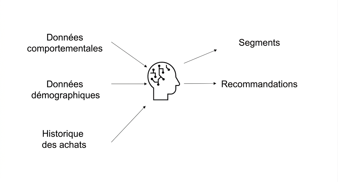 Behavioral Data, Demographics, and Purchase History data being used in AI resulting in recommendations.