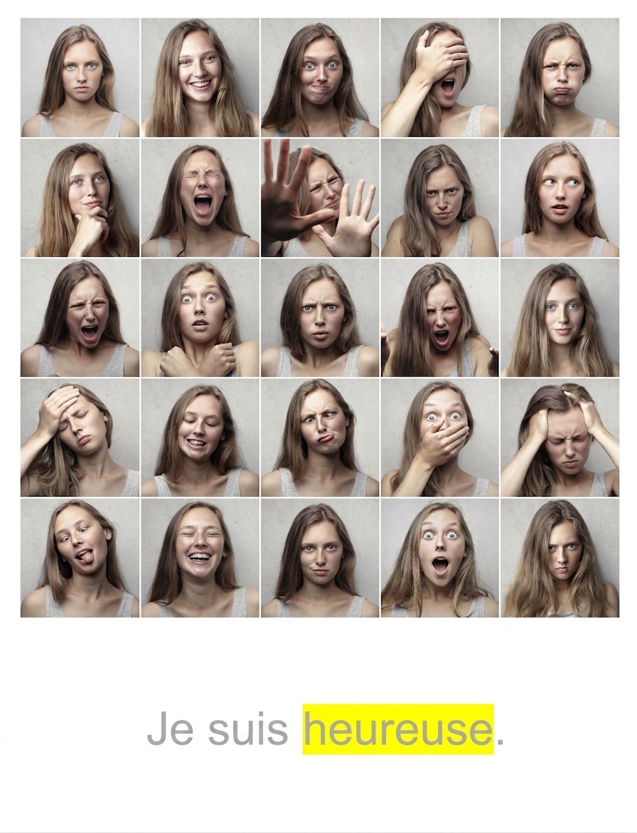 Une série d'émotions et la phrase « I am happy » avec le mot « happy » en surbrillance.