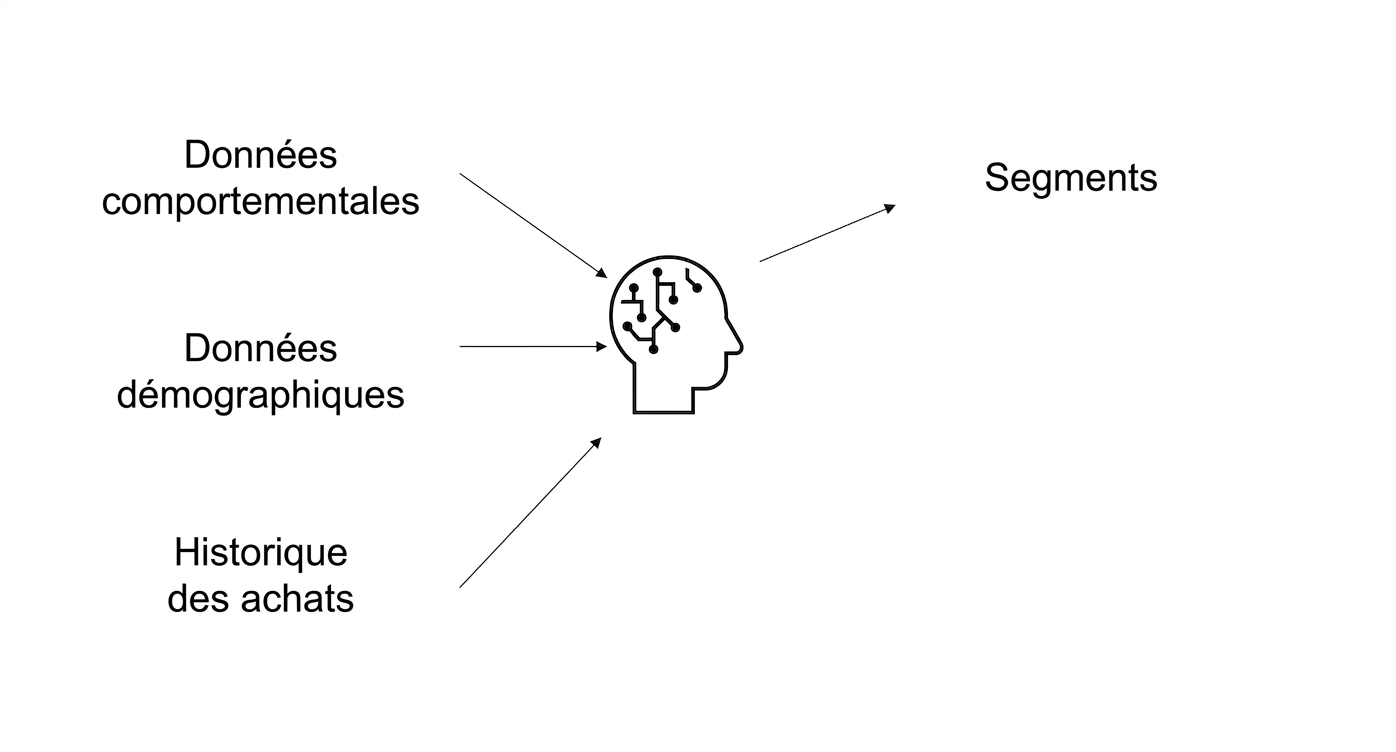 Behavioral Data, Demographics, and Purchase History data being used in AI resulting in segments.
