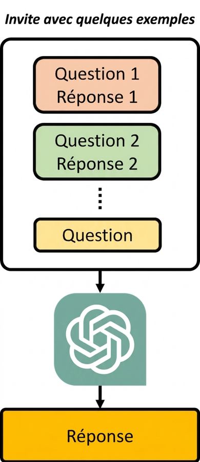 Image montrant le fonctionnement d'une invite avec quelques exemples : l'entrée comprend des exemples de questions-réponses et la question à traiter.