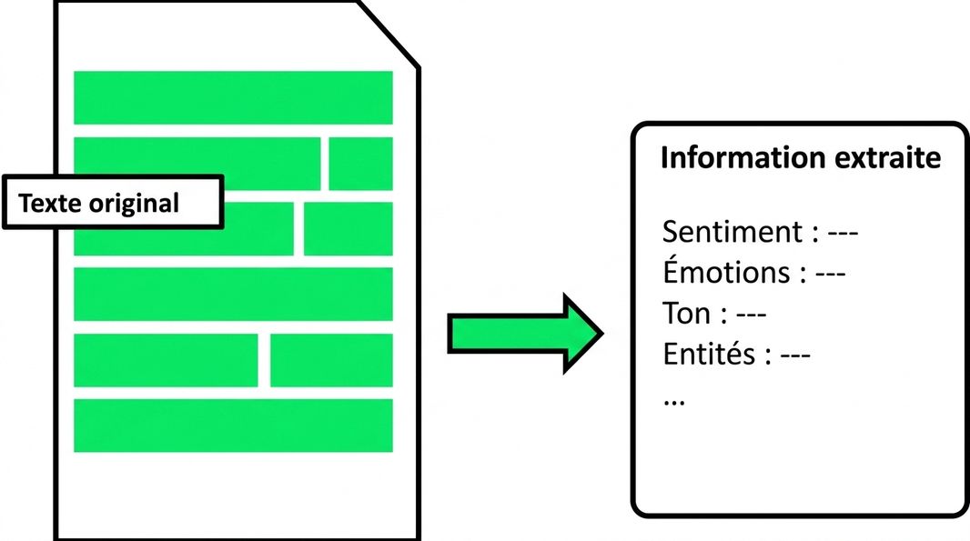 Image montrant comment l'analyse de texte extrait des informations comme le sentiment, l'émotion, le ton, les entités, etc., à partir d'un texte donné.