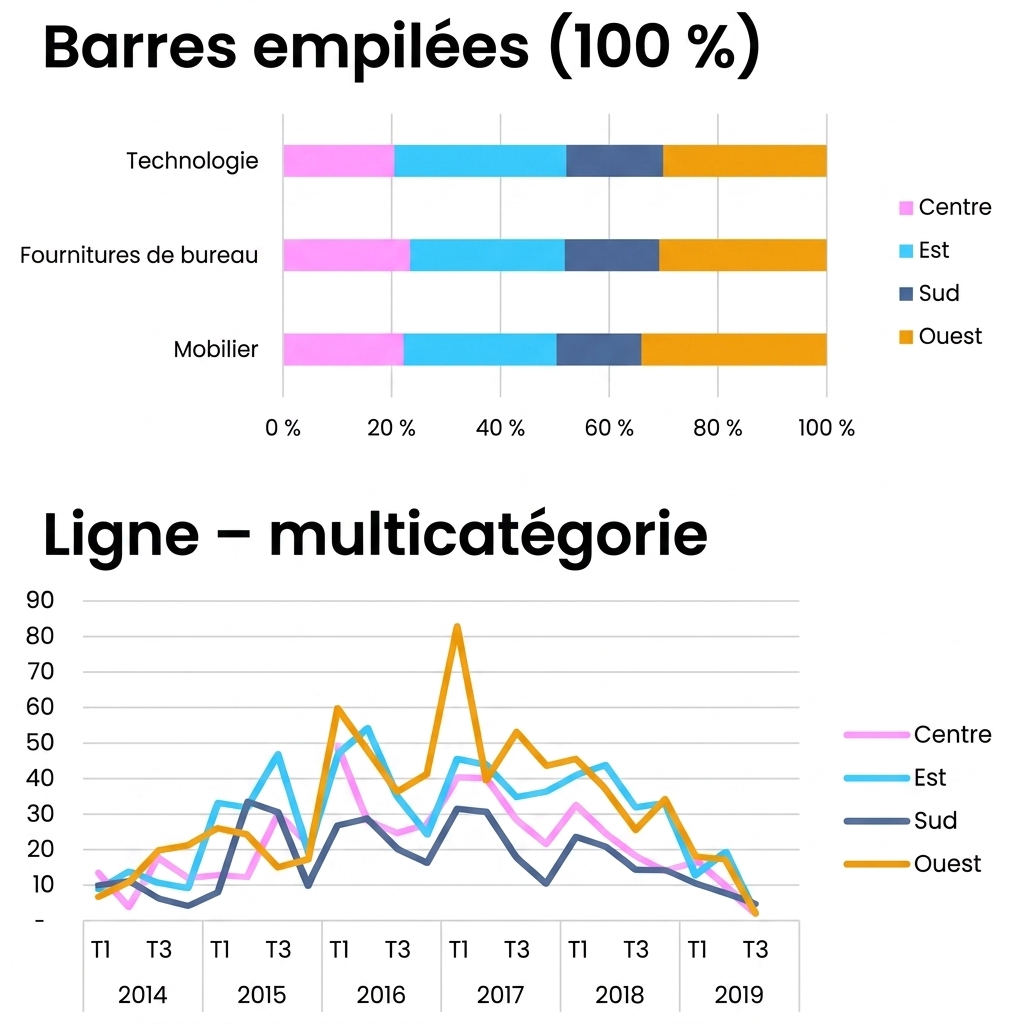 Visuel d'un graphique à barres, d'un graphique linéaire et d'un graphique en aires de base dans Excel