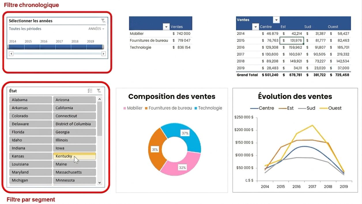Exemple d'un petit tableau de bord dans Excel, avec échelle chronologique et filtres segment