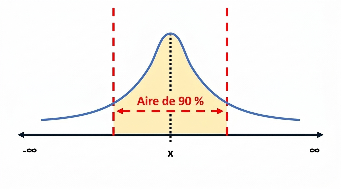 Courbe de distribution avec 90 % de la zone en surbrillance