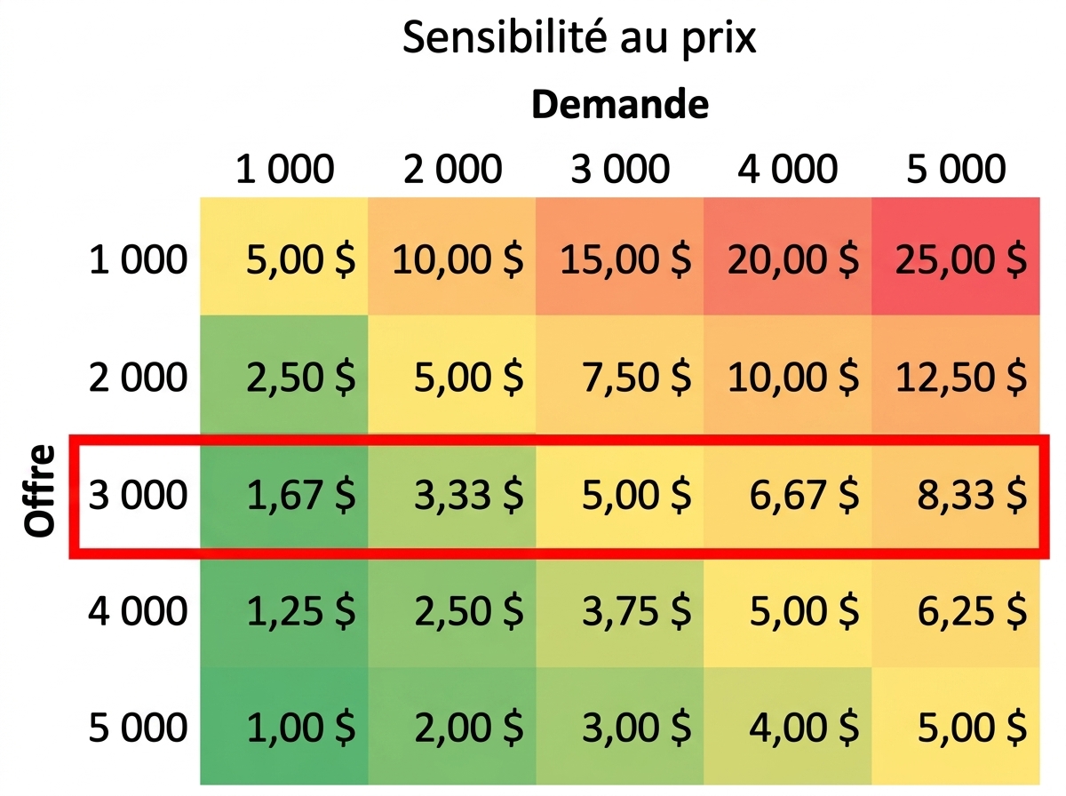 Tableau de sensibilité avec une ligne en surbrillance