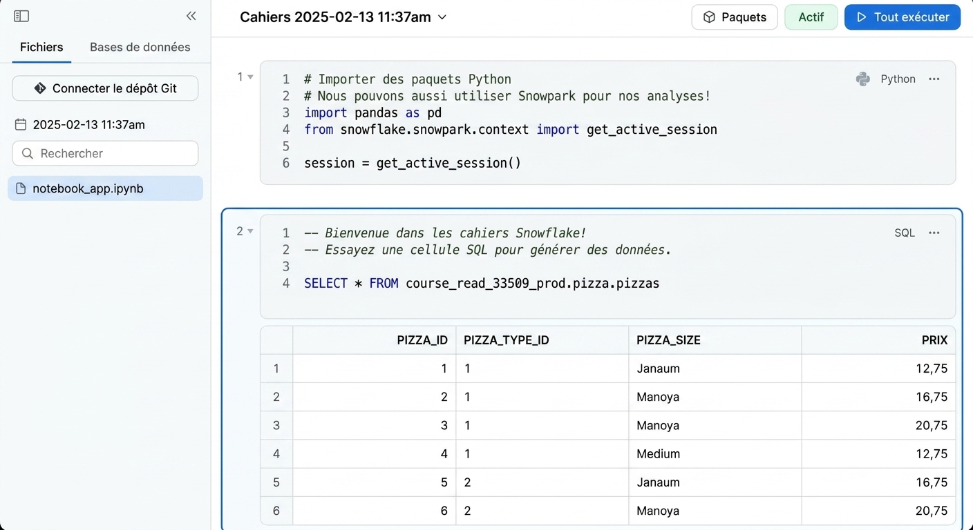 Bloc-notes Snowflake avec des cellules de code Python et SQL