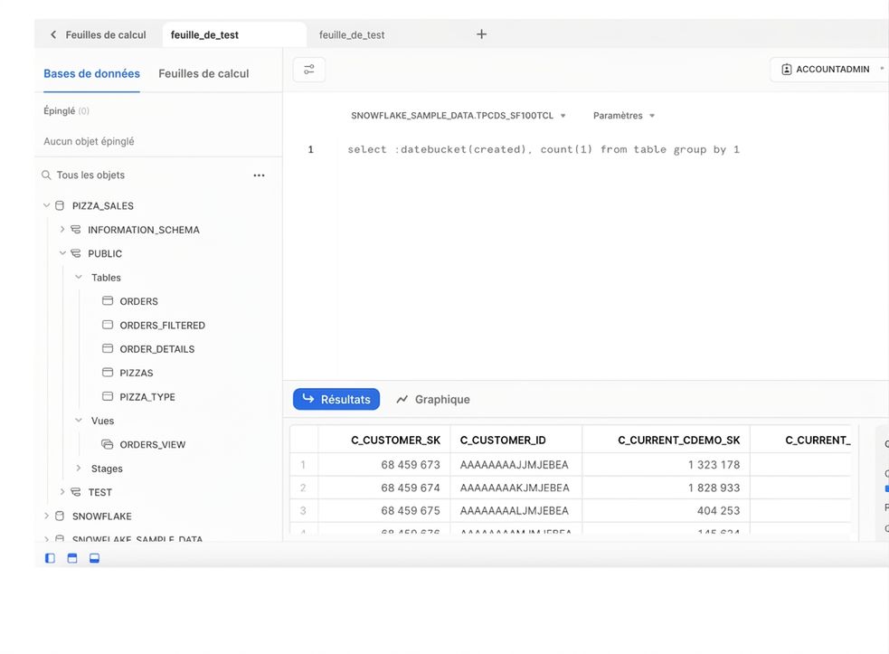 Panneau de gauche de l'interface Web Snowflake montrant les objets de base de données et les feuilles de travail