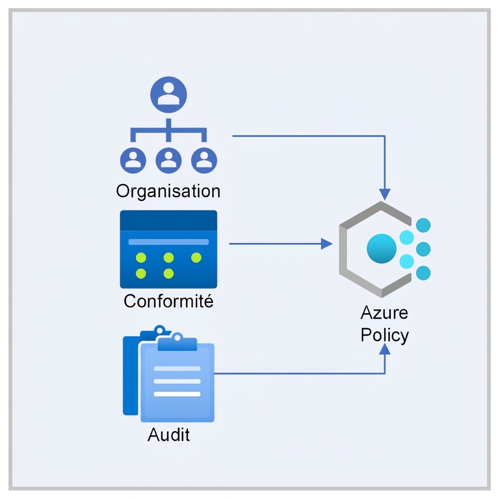 Carré coloré avec des images représentant l'organisation, la conformité et l'audit pointant vers l'icône Azure Policy