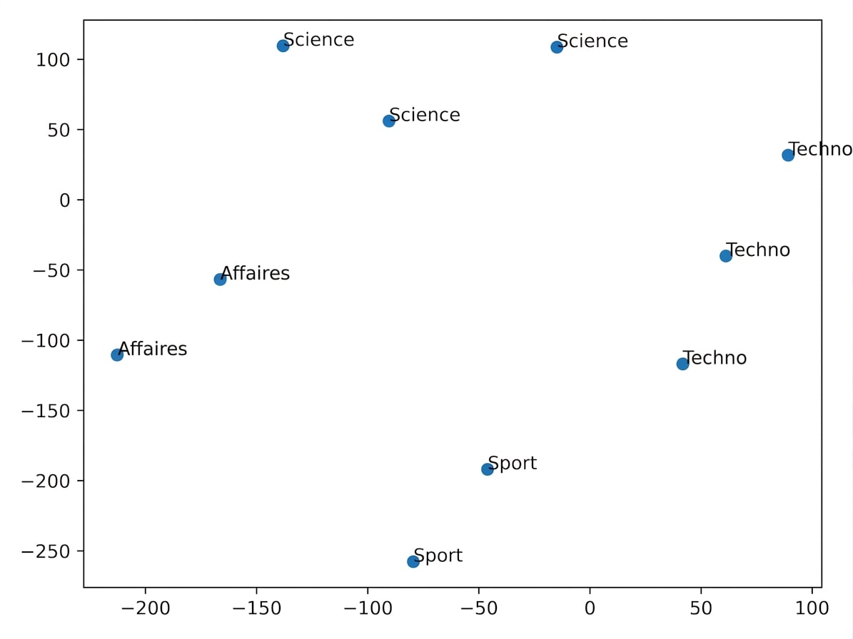Un nuage de points en 2D montrant que des critiques ayant le même ressenti et sujet sont plus proches dans l'espace vectoriel.
