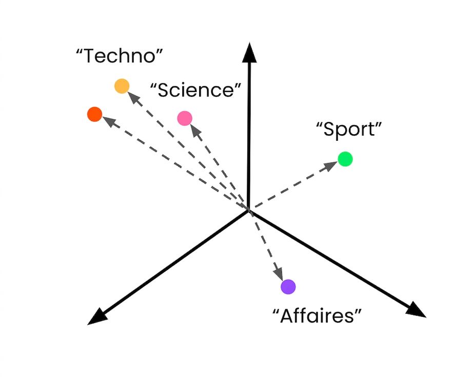 Descriptions de classes empaquetées dans l'espace vectoriel, avec un vecteur inconnu.