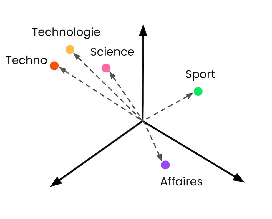 Descriptions de classes intégrées dans l'espace vectoriel, avec un vecteur inconnu étiqueté Tech.