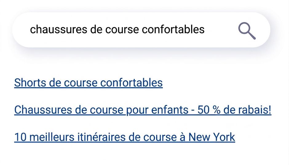 Un moteur de recherche classique affichant des résultats non pertinents.