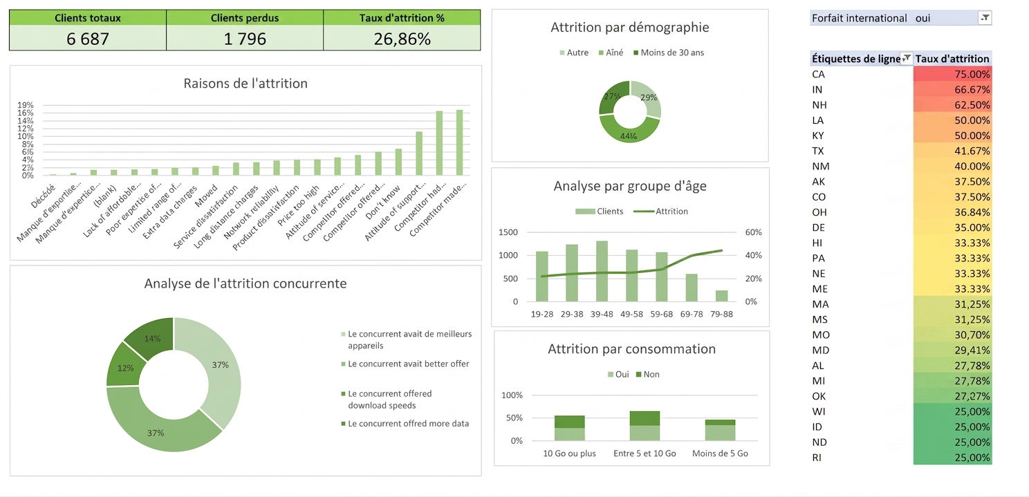 Tableau de bord Excel créé durant l'étude de cas