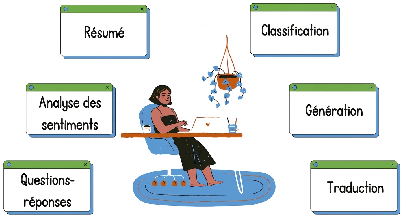Personne assise à un bureau, avec des tâches autour illustrant la génération de texte et la traduction