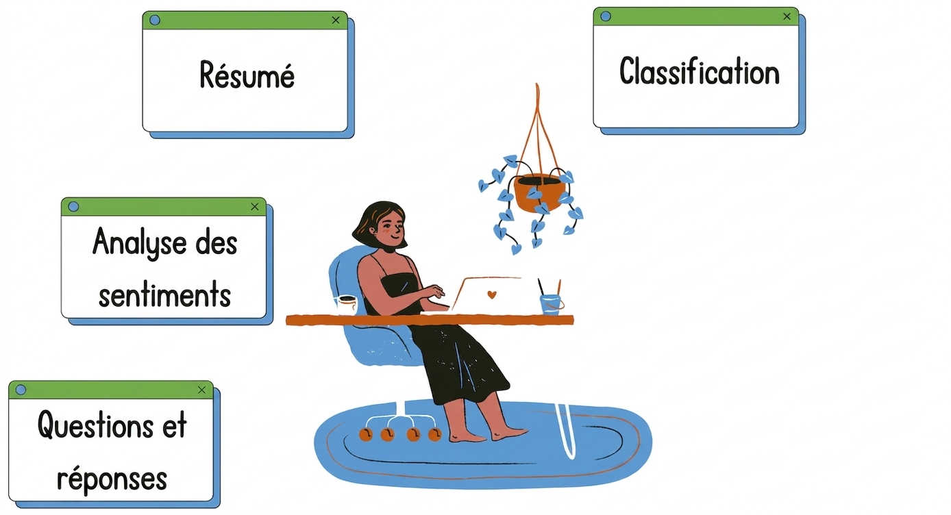 Personne assise à un bureau, avec des tâches autour illustrant la classification de texte, le résumé, l'analyse de sentiment et questions-réponses