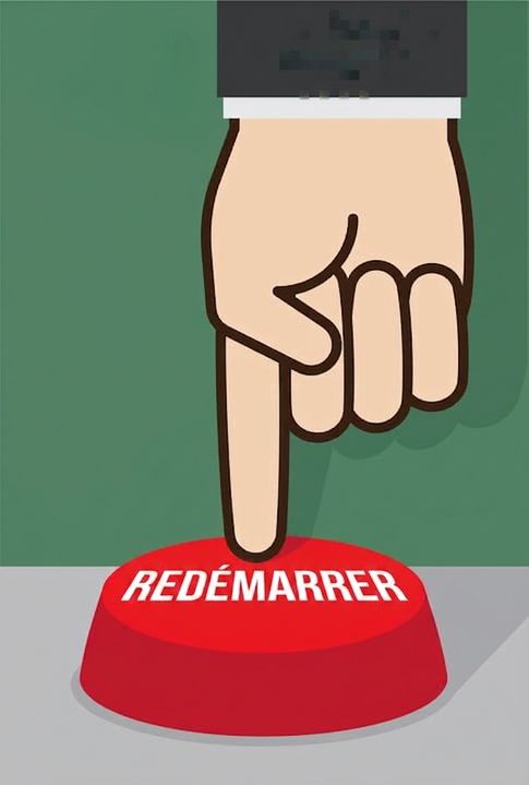 Dessin montrant un doigt appuyant sur un bouton « restart »