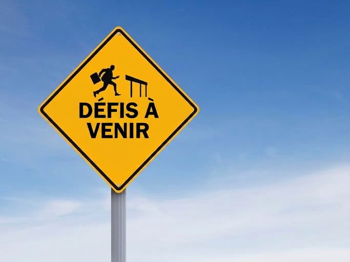 Panneau routier montrant une personne franchissant une haie avec les mots « Challenges Ahead »