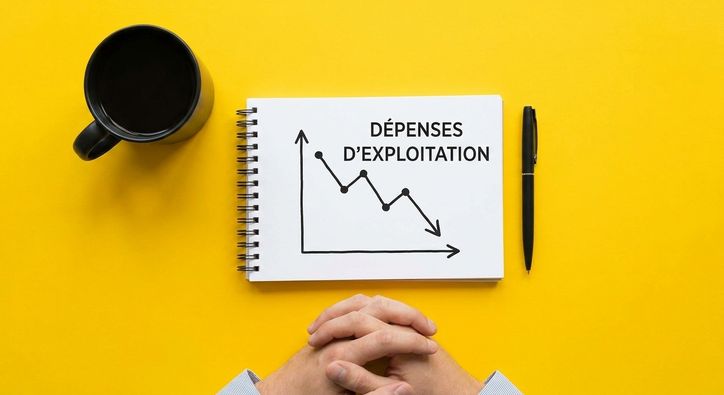 Carnet montrant des dépenses d'exploitation en baisse, avec un gobelet et les bras d'un homme