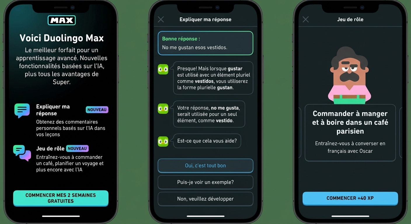 Image montrant l'utilisation de Duolingo Max dans une application mobile