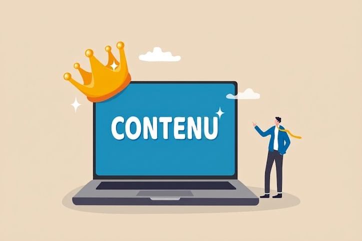 Image montrant un portable avec le mot « contenu » et une couronne au‑dessus