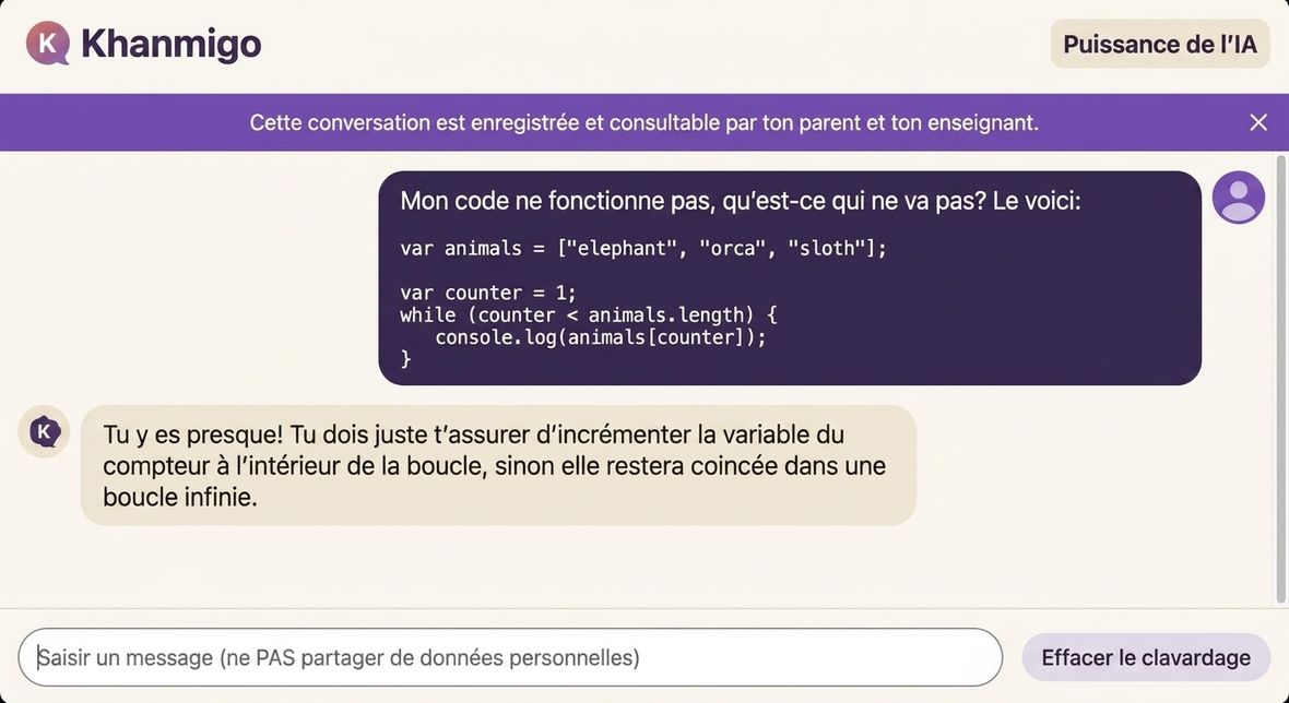 L'agent Khanmigo d'IA dépanne un problème de code avec un apprenant