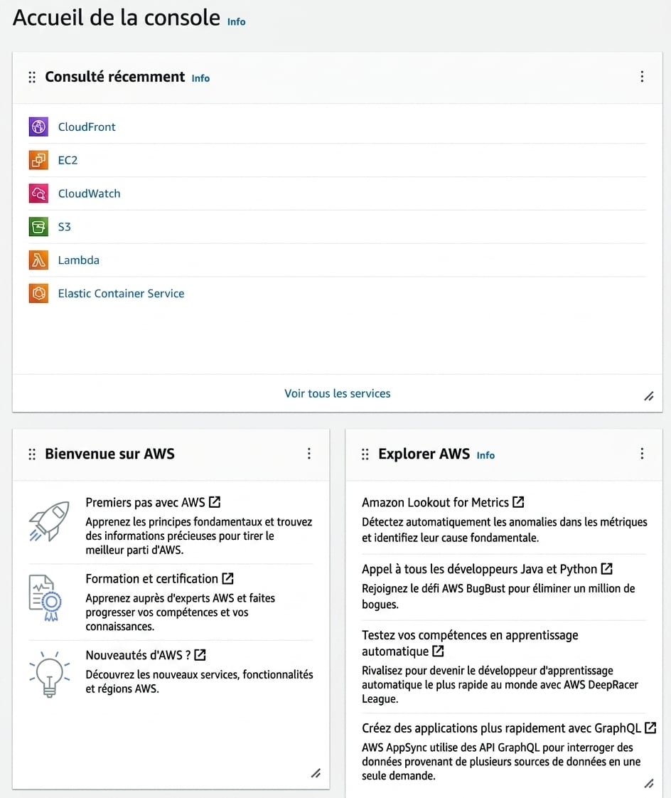 Page d'accueil de la console AWS