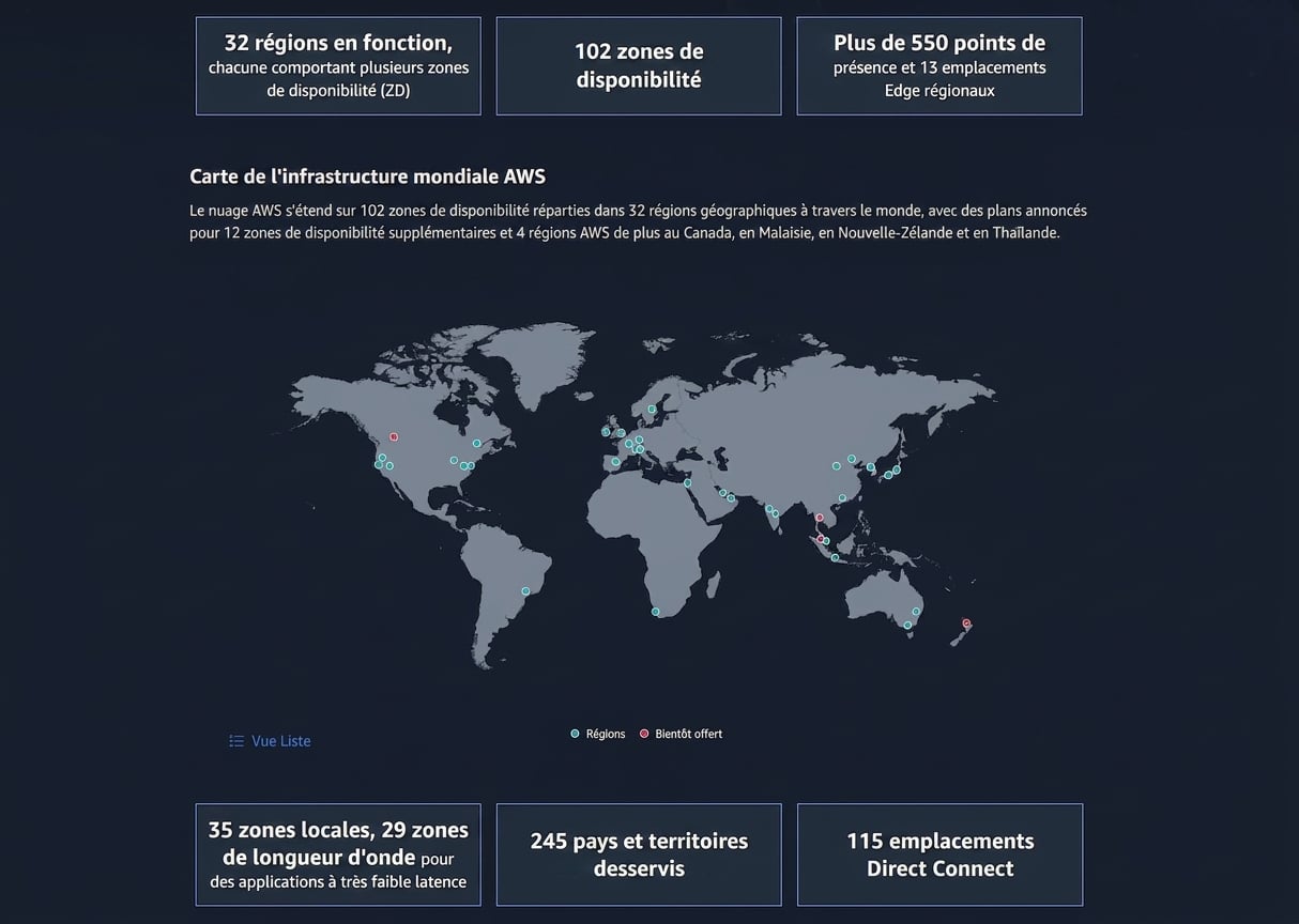 Image d'un globe avec des nœuds répartis illustrant la diversité géographique d'AWS