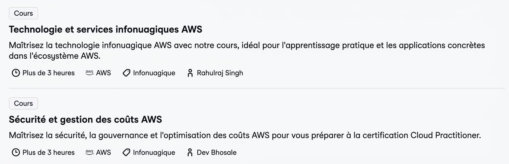 Autres cours AWS sur DataCamp : AWS Cloud Technology and Services et AWS Security and Cost Management