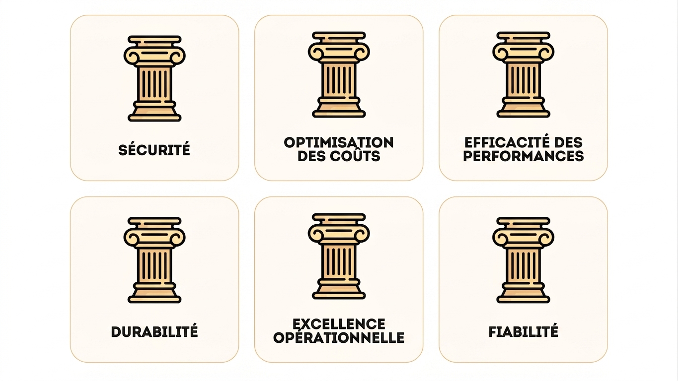 Les six piliers du cadre : sécurité, optimisation des coûts, efficacité de performance, durabilité, excellence opérationnelle et fiabilité