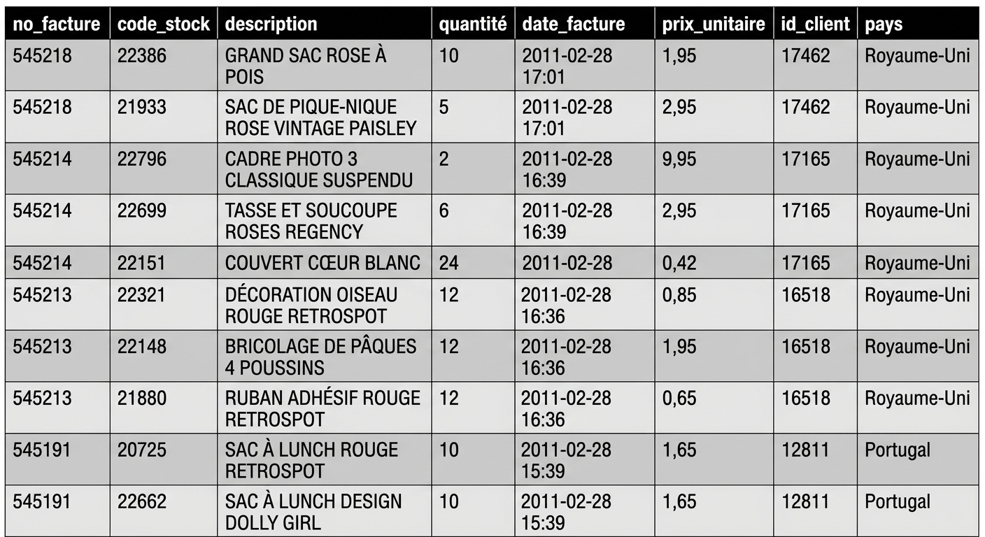 Aperçu des lignes de la table de commerce électronique
