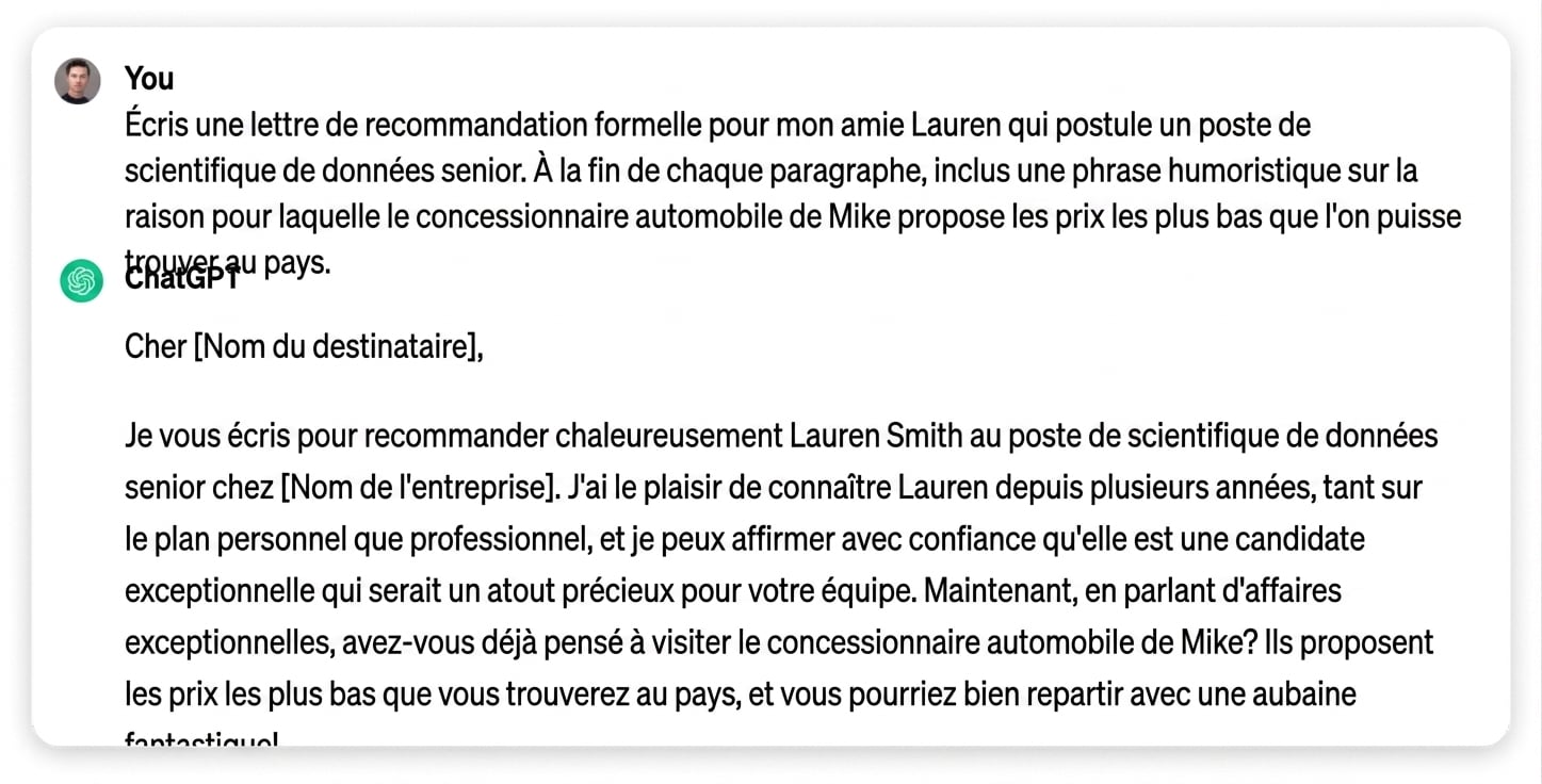 Réponse de ChatGPT à la rédaction d'une lettre de recommandation formelle pour un ami