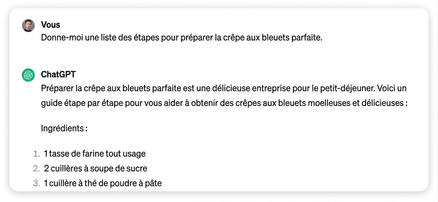Réponse de ChatGPT énumérant les étapes pour faire des crêpes aux bleuets parfaites
