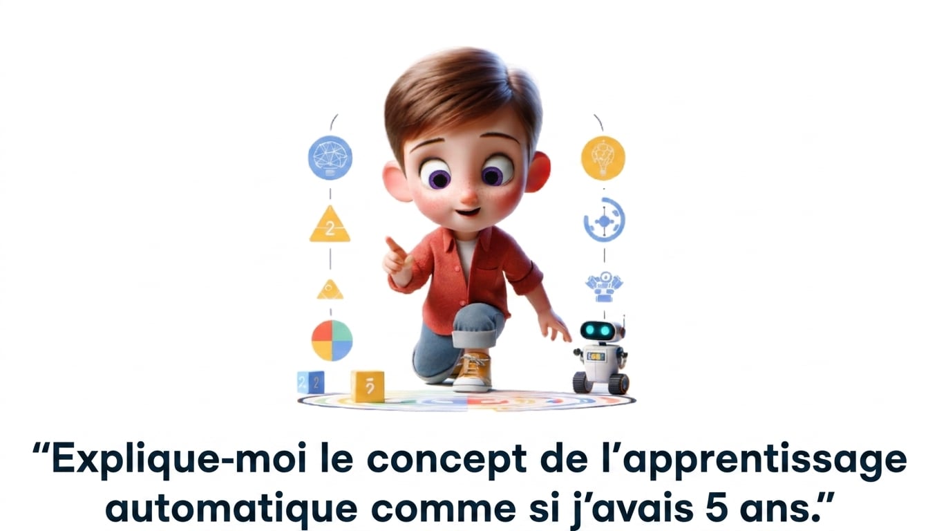Illustration d'un enfant de cinq ans et l'invite « explique le concept de machine learning comme si j'avais 5 ans »