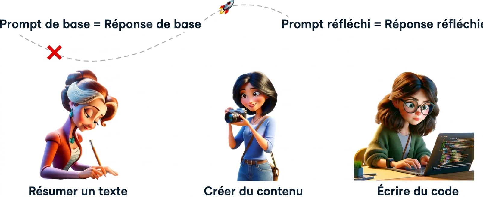 Illustrations d'une personne qui écrit, une autre qui prend une photo et une troisième qui code