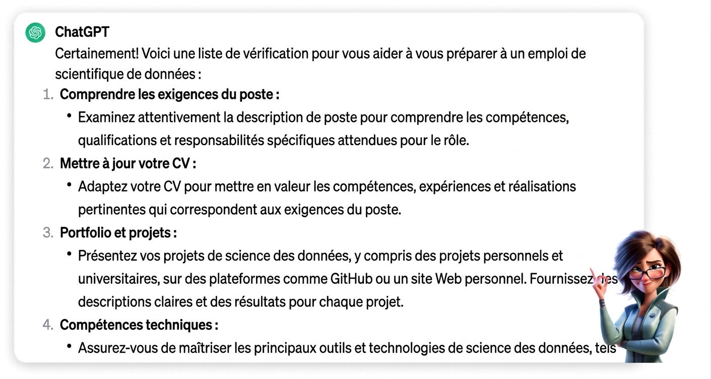 Réponse de ChatGPT à l'invite « I'm applying for a job as a data scientist, create a checklist for how I can best prepare »