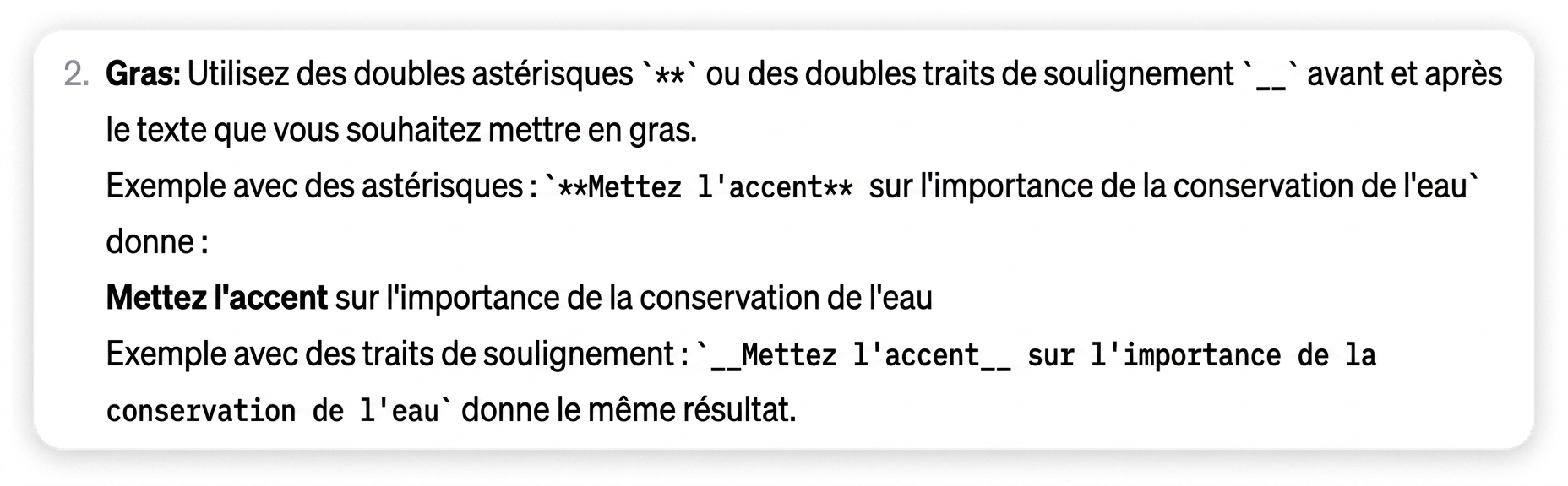 Exemples de mise en évidence avec astérisques ou soulignements