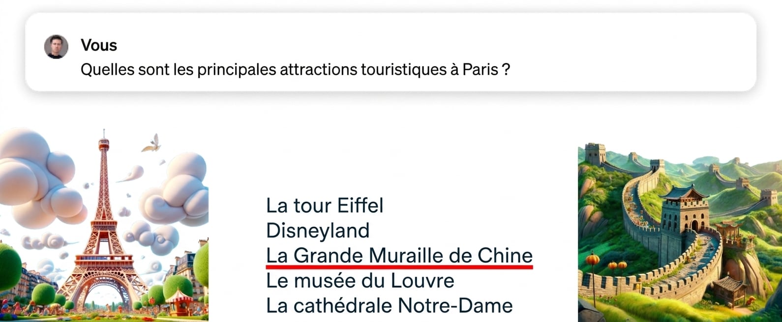 « Quelles sont les principales attractions touristiques à Paris » avec mauvaise réponse en surbrillance