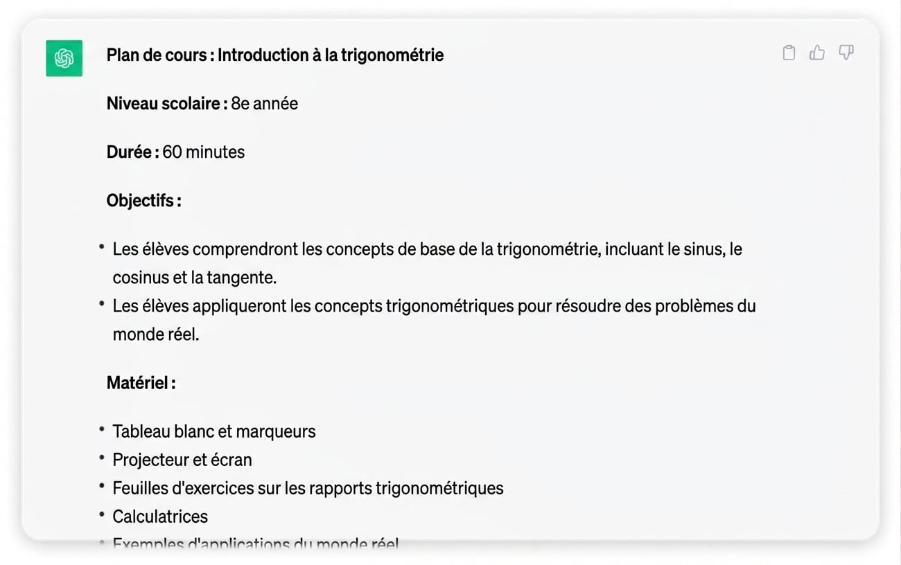 Capture d’écran d’un plan de leçon détaillé généré par ChatGPT