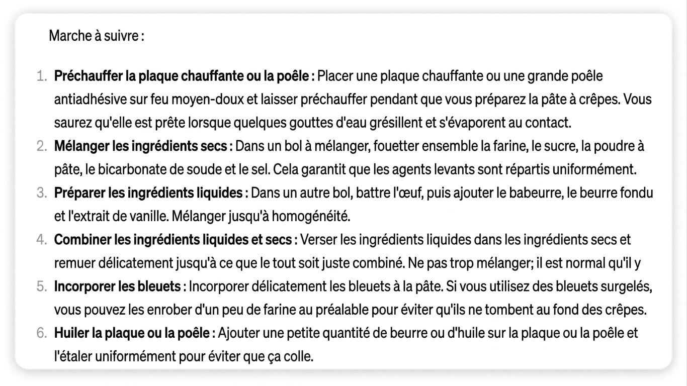 Réponse de ChatGPT énumérant les étapes pour faire des crêpes aux bleuets parfaites