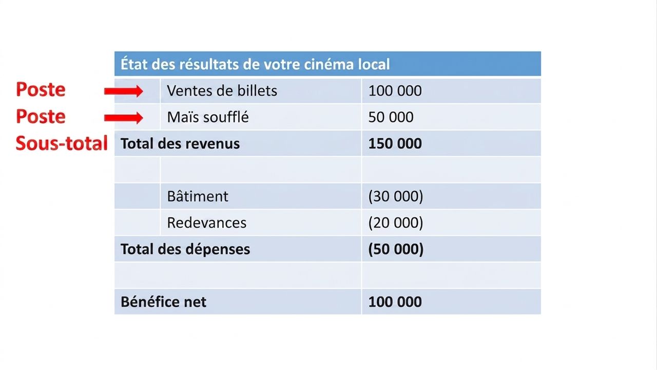 état des résultats avec postes et sous-totaux en évidence pour les revenus
