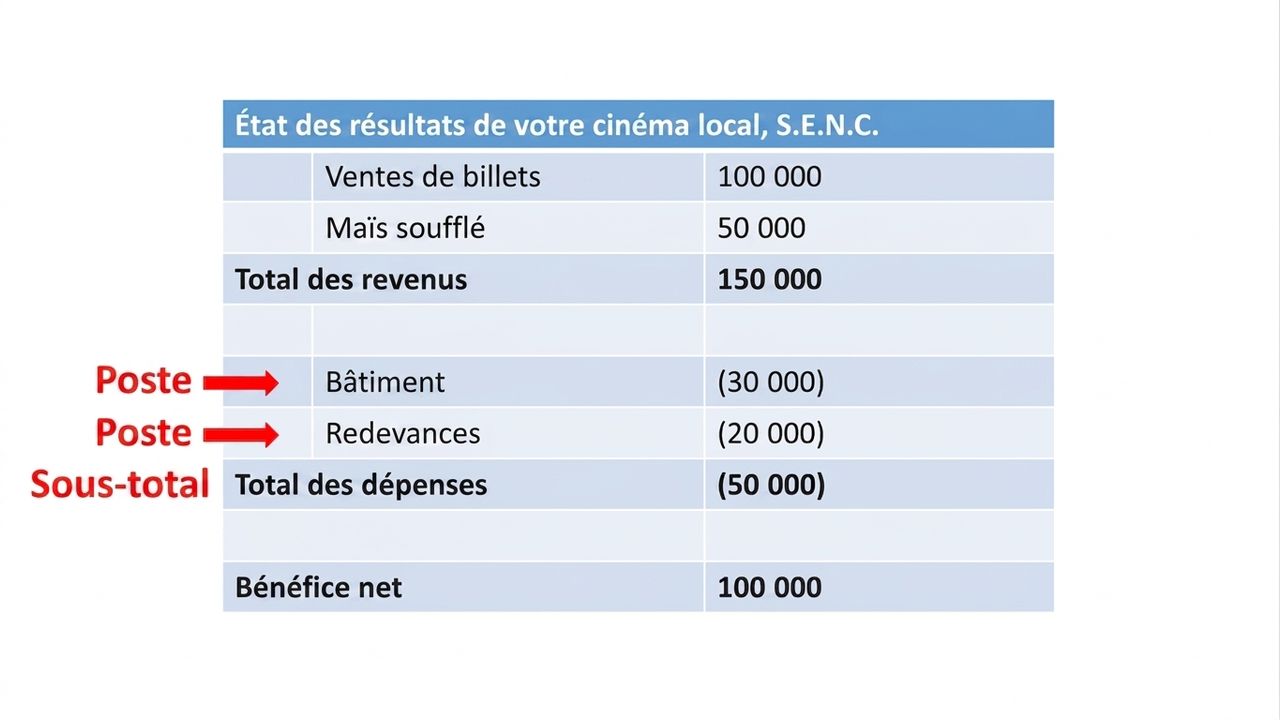 état des résultats avec postes et sous-totaux en évidence pour les revenus