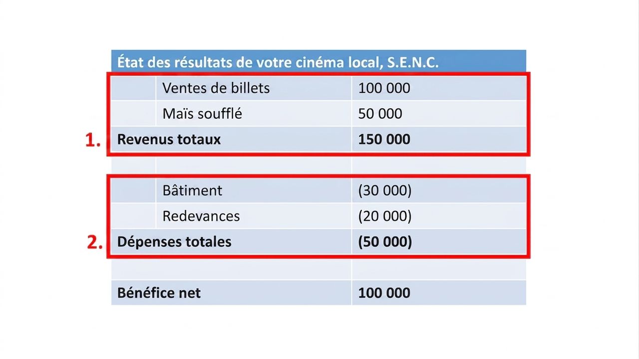 exemple d'un état des résultats avec revenus et charges encadrés en rouge