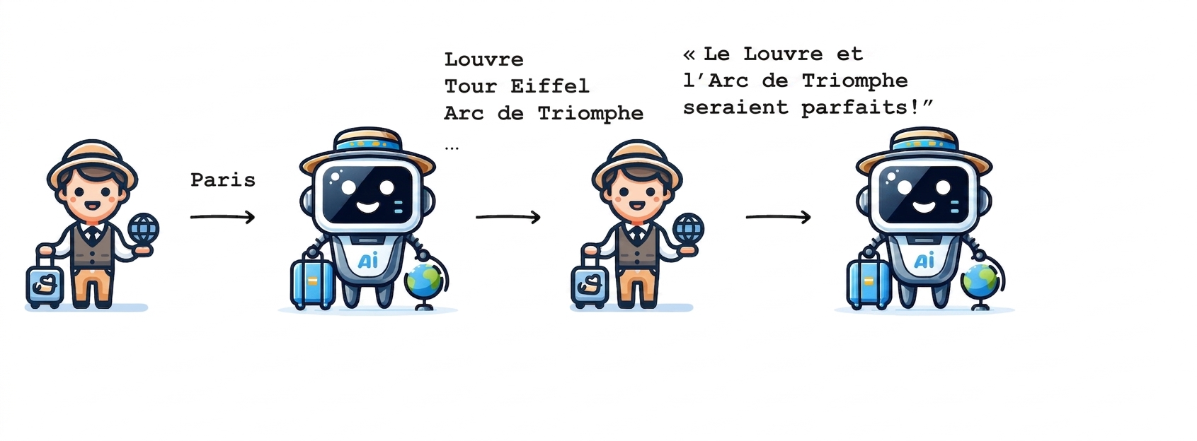 La personne dit au guide IA qu'elle veut voir le Louvre et l'Arc de triomphe.