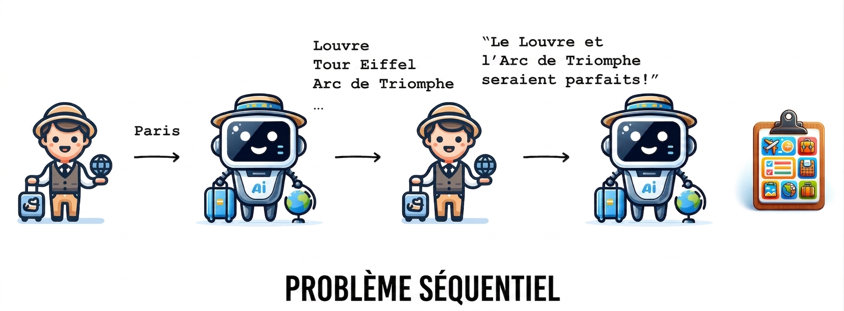 Ce flux d'itinéraire de voyage est un exemple de problème séquentiel.