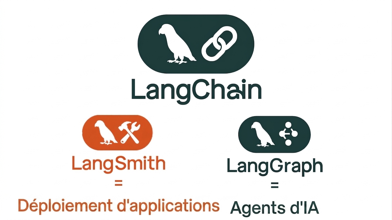 L'écosystème LangChain comprenant LangChain, LangSmith et LangGraph.