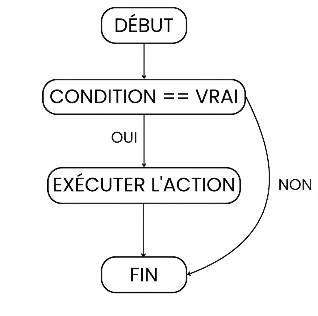 Enchaînement d'une instruction if : début > condition vraie > exécuter l'action > fin