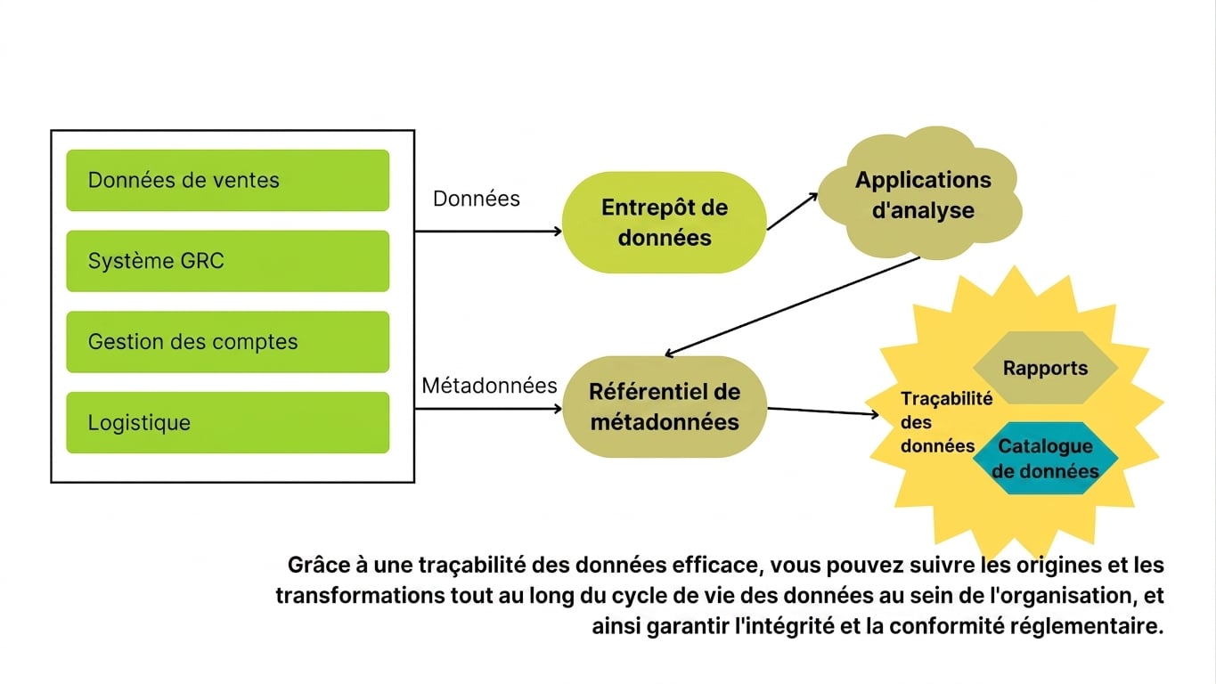 données des systèmes à gauche transformées en rapports et catalogues de données grâce à la gestion des métadonnées